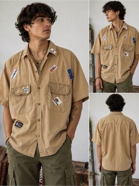 Starry Nite Safari Patch Button Up Shirt Medium Y2K Utility Campcore Gorpcore